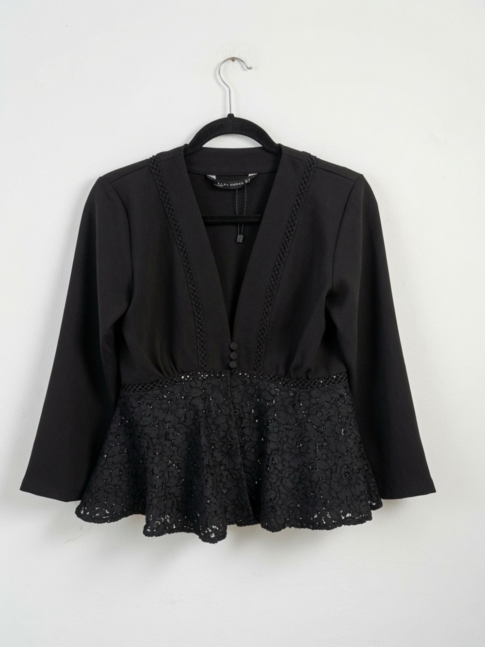 Zara Black Lace Peplum V-Neck Women's Top